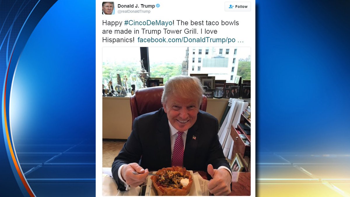 The @realDonaldTrump tweets 'I love Hispanics' to celebrate #CincodeMayo bit.ly/24v9wPo?utm_me… https://t.co/XbJ8T76rO1