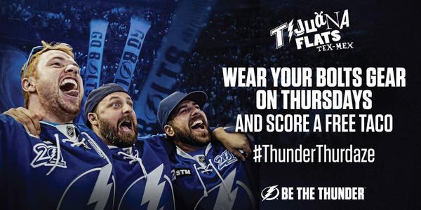 TBLightning's tweet photo. ⚡️ + 🌮 = 😍

Stop into any Tampa-area @TijuanaFlats wearing #Bolts gear &amp; get yourself a free taco! #ThunderThurdaze https://t.co/eKCVTfnHTX