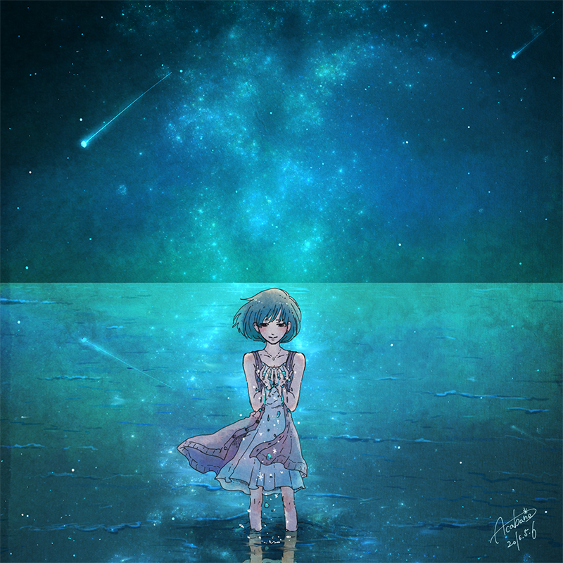 Akko Acabane Fact とてもとても綺麗なイラストですね 私の住んでいるところの海 は夏になると夜光虫がたくさん出る時があって 小さい頃その中を泳いだのですが 海 なのに星空みたいでした こんな色をしていたな と懐かしくなりました