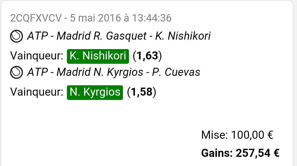 Easy__Pronos's tweet image. #TICKETDUJOUR

🎾 Kyrgios 1.58 ✔

➕

🎾 Nishikori 1.63✔

➡CÔTE : 2.58 ✔

#ParionsSport