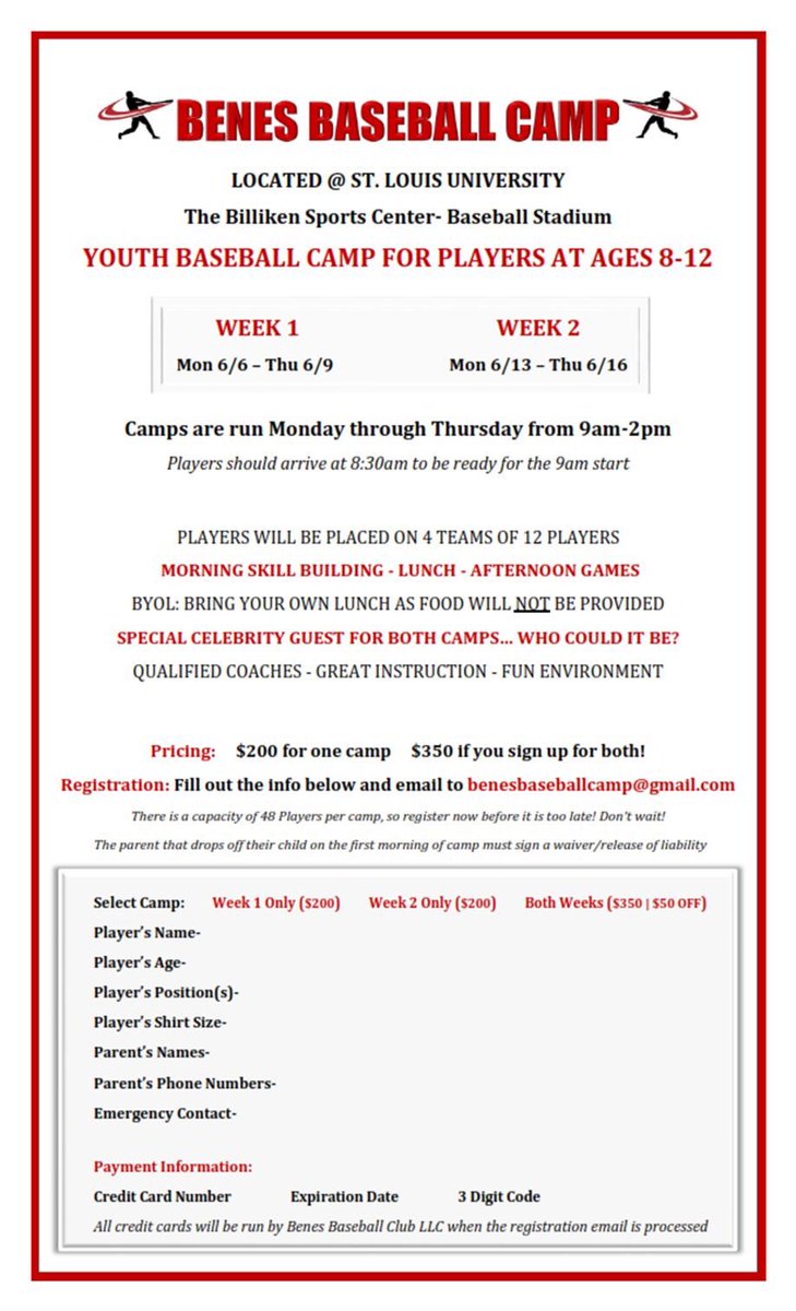 DrewBenes's tweet image. BENES BASEBALL CAMP!!!
Awesome camp at SLU (8u-12u)
Register now before it's too late