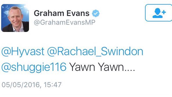 Rachael_Swindon's tweet photo. #VoteConservative to support MPs like @GrahamEvansMP that react like this when asked about their reason for ESA cuts https://t.co/85SAur0Fsn