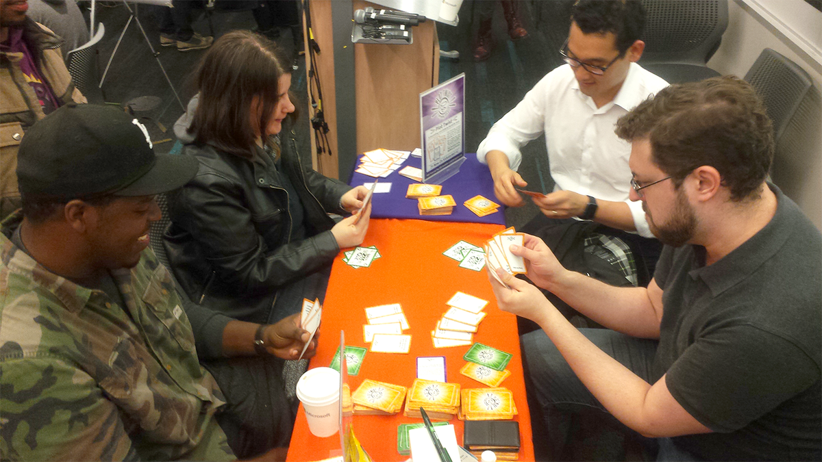 plottwistgame's tweet photo. I'm concentrating on my cards NOT because they're upside down, but because I had great opponents! @PlaycraftingNYC https://t.co/7okP5KQ2Mg