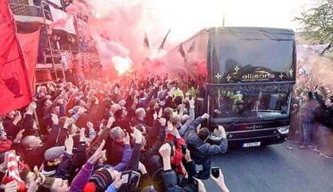 Ultramaniatics's tweet photo. Liverpool fans in Anfield Road welcoming the team bus today https://t.co/EisOq3hmw6