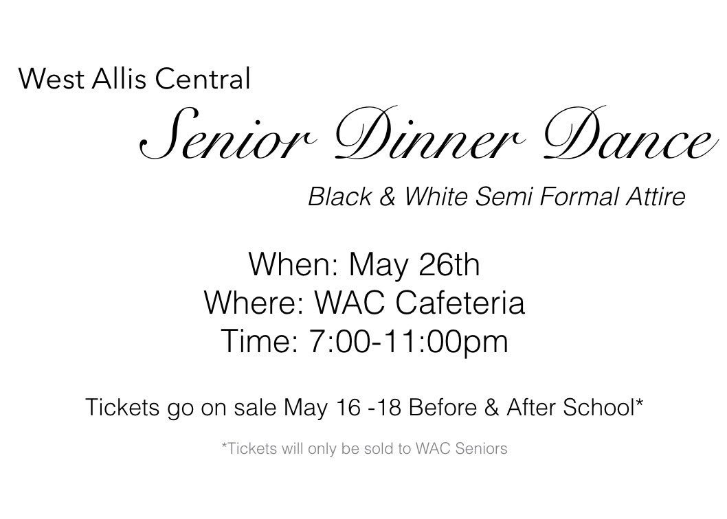WacClassOf2016's tweet photo. Senior Dinner Dance - May 26th. https://t.co/Zcvb1ZBD9Y