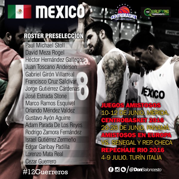 DonBaloncesto's tweet photo. Roster de la Preselección Mexicana rumbo al #Centrobasket2016 de Panamá y #FIBAOQT en Turín. #12Guerreros https://t.co/bwoq8vKMp8
