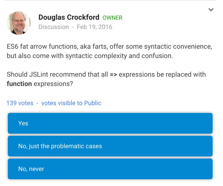 w3sw's tweet photo. Of course, Douglas Crockford disagrees, says all => expressions should be replaced with normal function expressions. https://t.co/4YMFbH2DTU