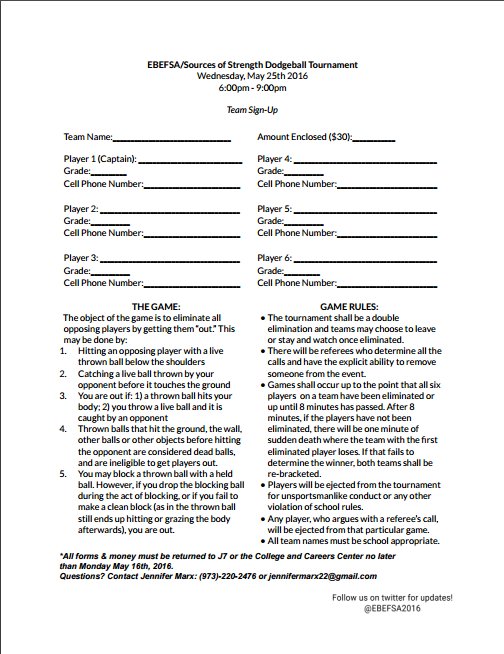 Get your forms in! EBEF's annual dodgeball tournament at EBHS
When: May 25th 
Teams of 6 - $5 per person