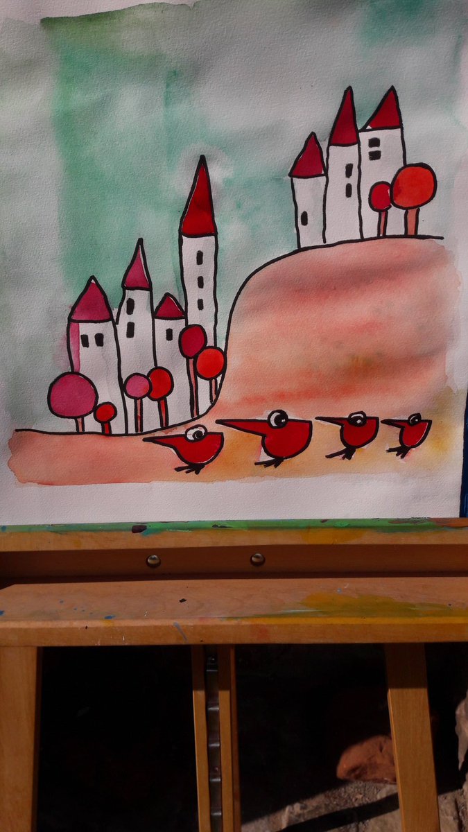 Neues Paul-Projekt. Aquarell Hügellandschaften mit Stadt- bzw. Dorfambiente und dem Fantasievolle Paul.