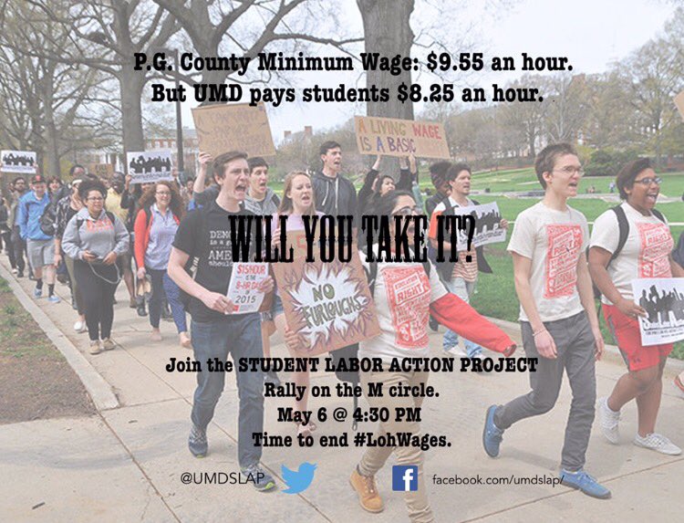 UMD students are paid below county minimum wage. Join @umdslap tomorrow for a rally against  #lohwages