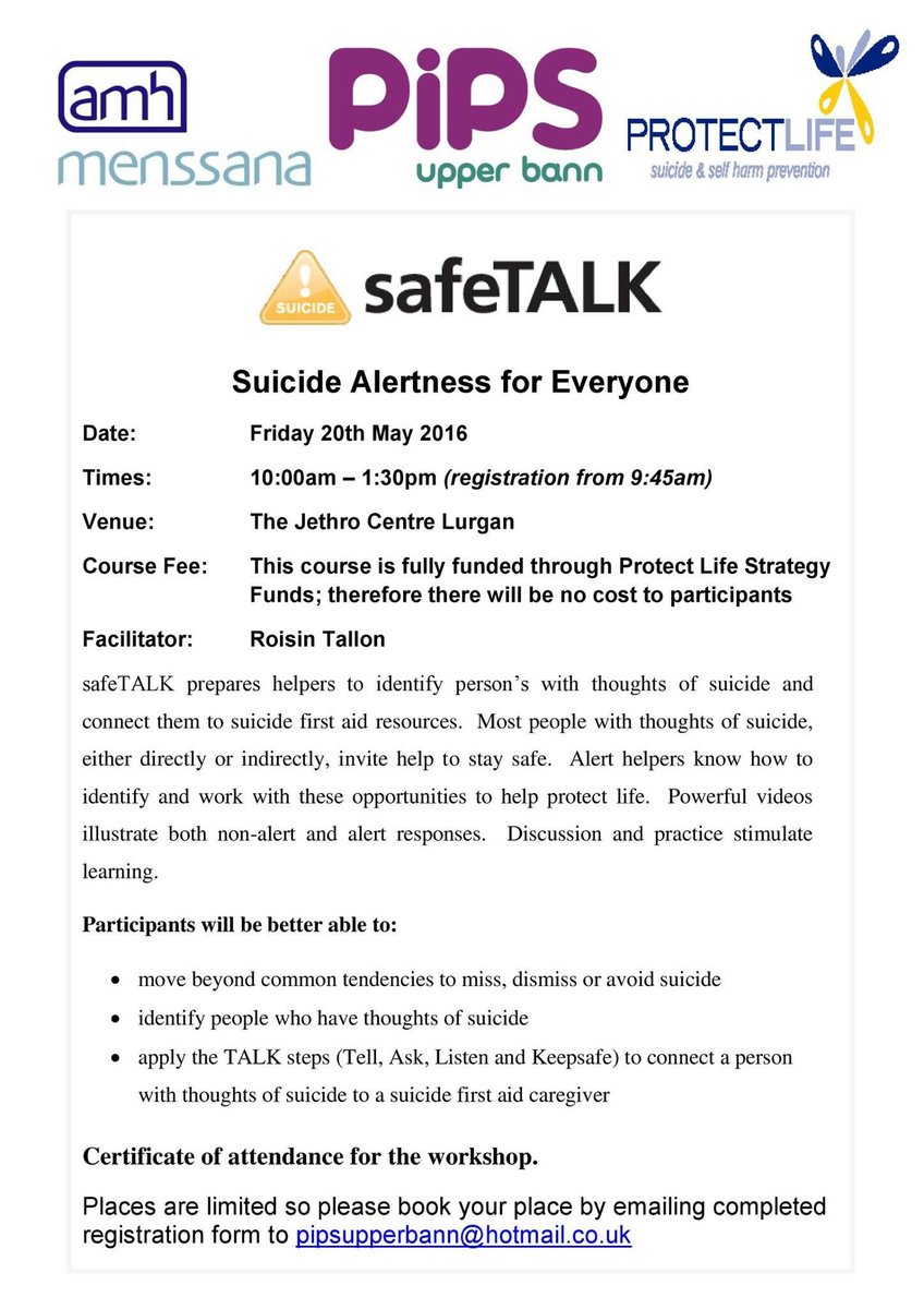 PIPS_upperbann's tweet photo. safeTalk (Suicide Alertness) training Fri 20th May 10am-1:30pm Jethro Centre, Lurgan. https://t.co/l97UxqPCGF