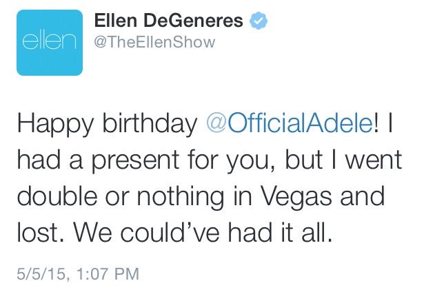 sammylovesAdele's tweet photo. @TheEllenShow tweets about Adele's birthday are always my favourite. πβ€οΈ
#Adellen https://t.co/4pTJ7iz4eY