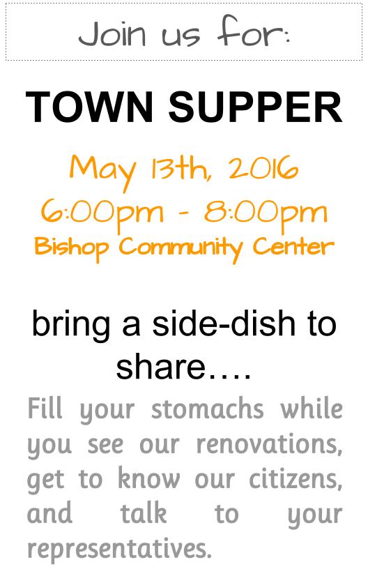 TownofBishop's tweet photo. Bishop Town Supper!  We'll provide the meat..... bring a side dish and join us. #eatingwithfamily #bishop @TheOEnews https://t.co/IjCSZIc0SL