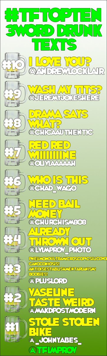 tfimprov's tweet photo. Congratulations to #tftopten winners for #3worddrunktexts! @_JohnYabes_ @MakDPostmodern @plusloud @LVImprov_Photo ! https://t.co/jhe8DZ09M6