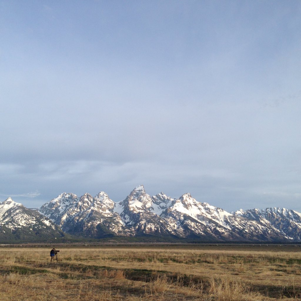 BenTutton's tweet photo. Cameraman Ian Llewellyn filming boisterous birds in front of the Tetons this morning. #EarthOnLocation https://t.co/3UIzf8E4Cu