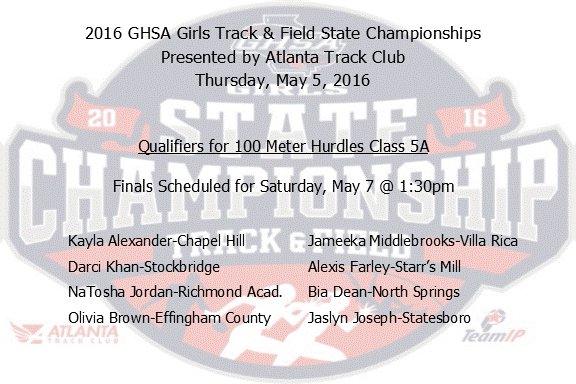 OfficialGHSA's tweet image. 2016 GHSA Girls Track &amp;amp; Field State Championships
100 Meter Hurdles Class 5A Qualifiers
#ATLtrackclub