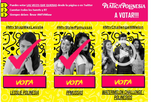 PPTeamKaren's tweet photo. POLINESIOS!!! VAMOS CON TODO A VOTAR PARA LOS MIAW #MtvSnapMexLesslie #MtvChallengeWmelon #MtvstylerPpmusas #MTVMiaw https://t.co/o0wrlhhkrW