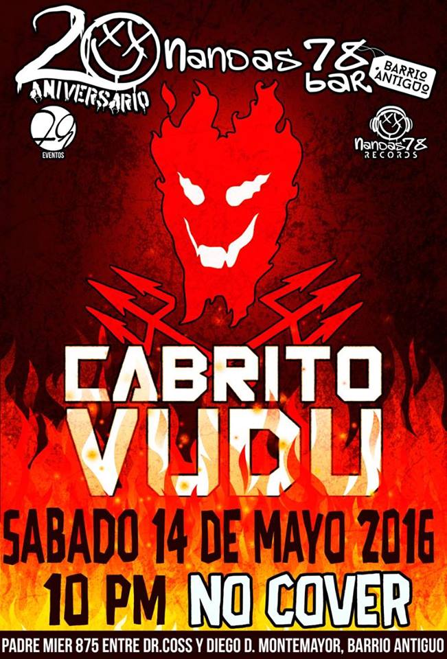 Este sabado 14 de mayo Cabrito Vudu en el Aniversario del Nandas78 bar!!!