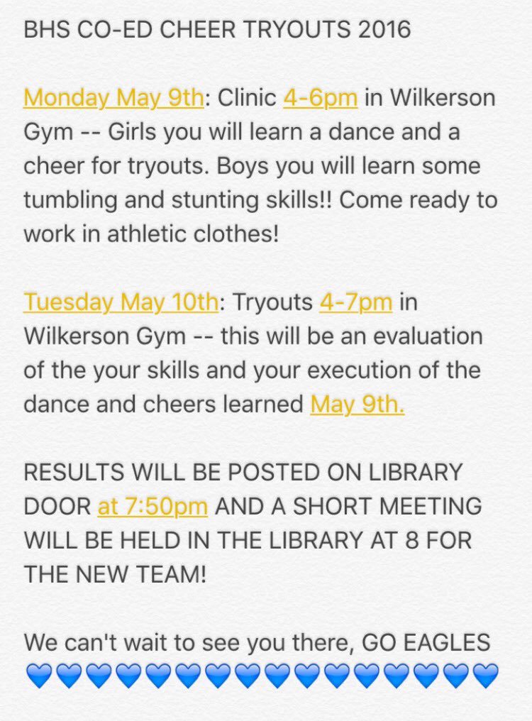 bhseaglecheer's tweet photo. PLEASE READ !!! Important tryout info! https://t.co/KgRRnLHNpS