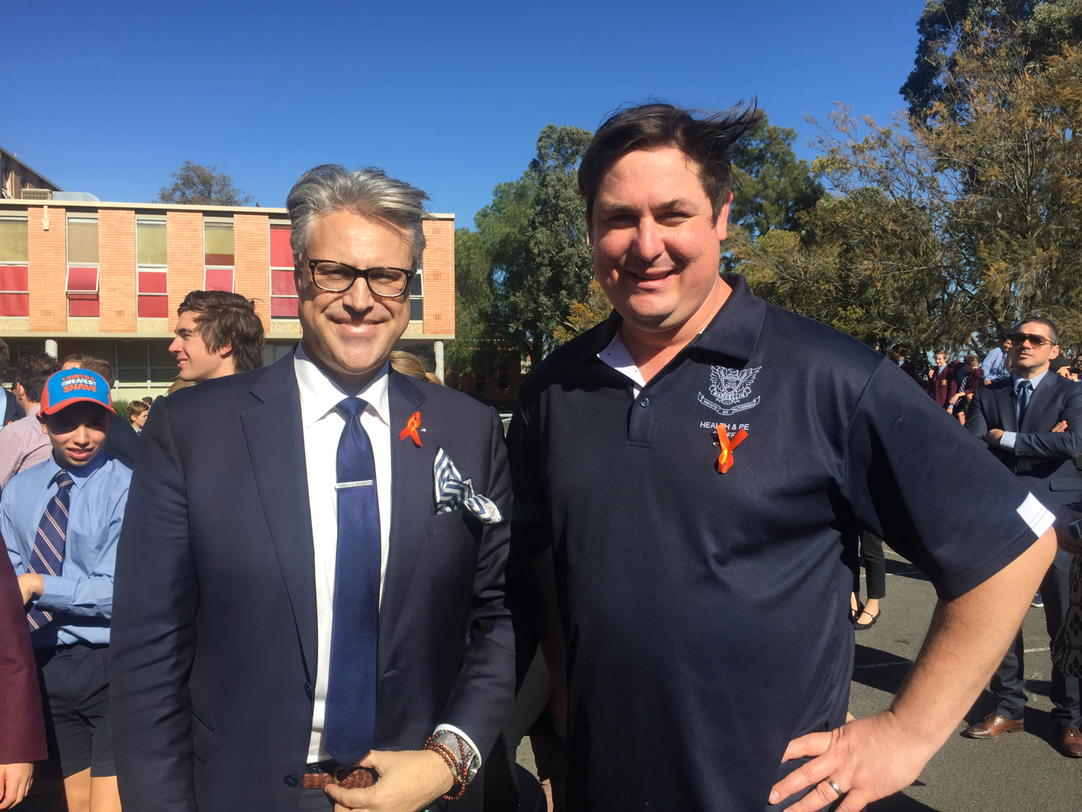 Marcellin's tweet photo. Challenge accepted! Deputy Principal Adriano Di Prato, House Coordinator Brett Atley will shave! #standbypan https://t.co/Q41DnNetF7