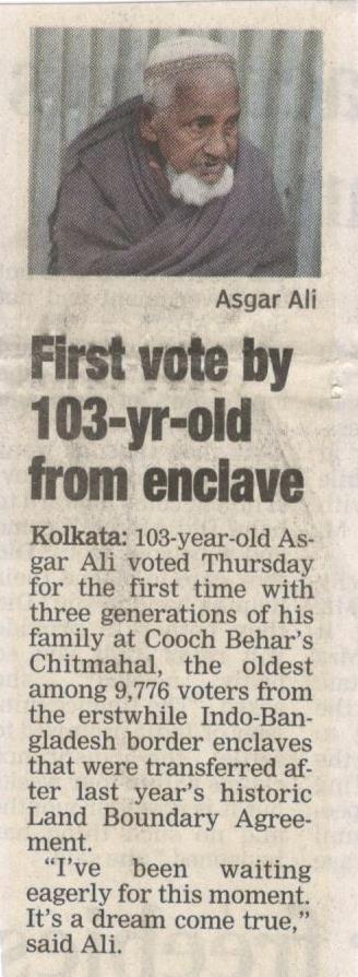 Due to land agreement with Bangladesh by <a href="/narendramodi/">Narendra Modi</a> Govt, 103 yr old Asgar Ali voted for first time.