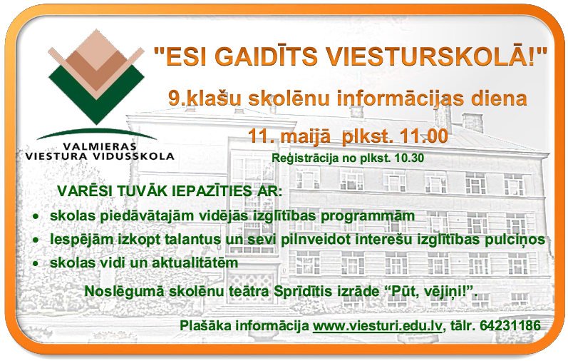 Viesturi's tweet photo. Informācijas diena @Viesturi "Esi gaidīts Viesturskolā" 11. maijā plkst. 11.00 https://t.co/TuCqmZHUNn