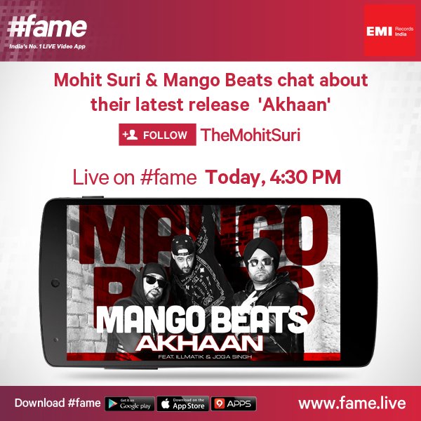 EMIRecordsIndia's tweet photo. #LIVE today at 4:30 p.m. @MohitSuri and @BeatsByMango on @LiveOnFame
Get It and set that reminder!! https://t.co/X6rooLs2A1