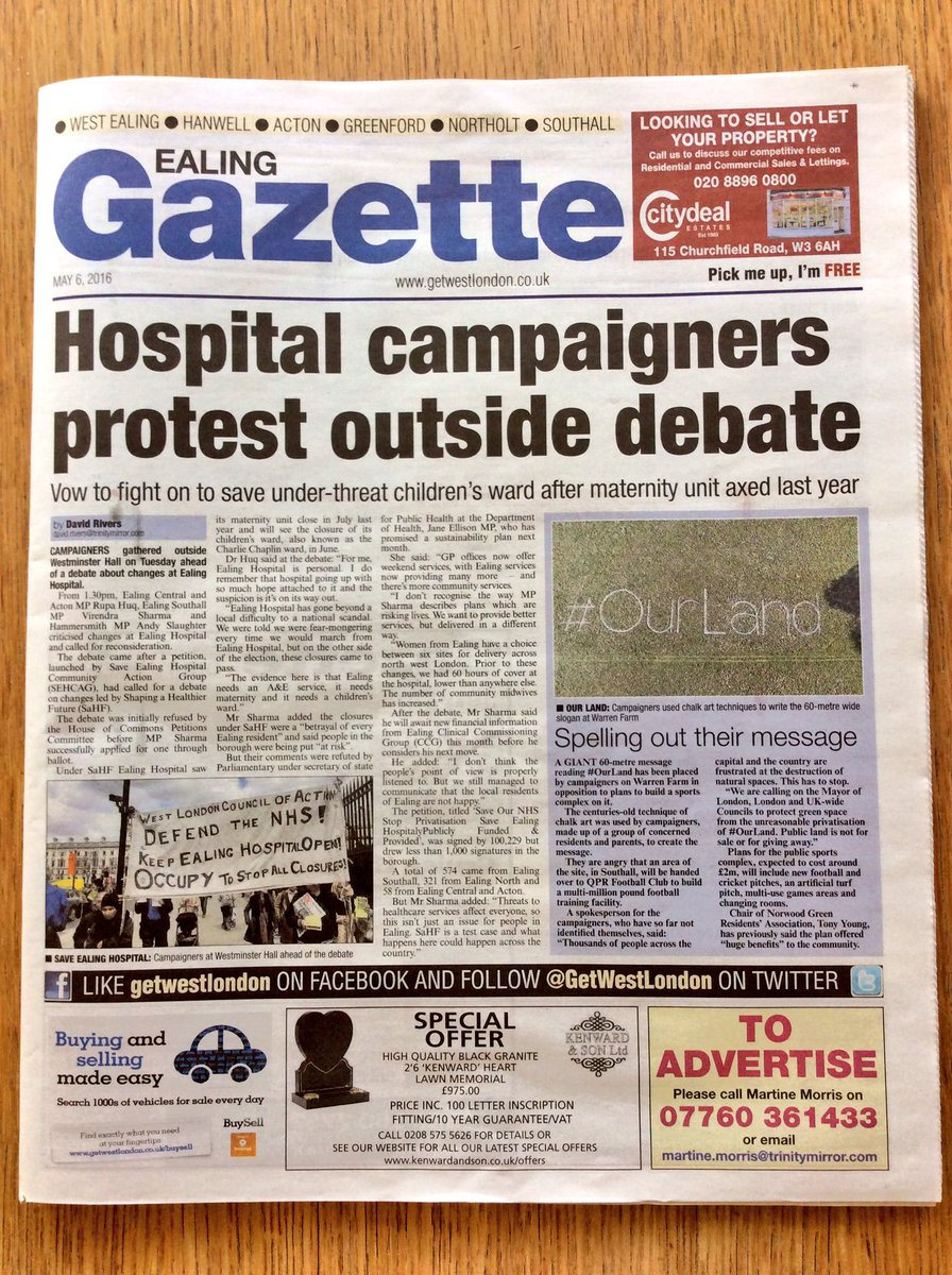 EalingNeighbour's tweet photo. .@savewarrenfarm You're on the front of this week's @EalingGazette #OurLand @OurLand2016 https://t.co/sPiQoCPW6D