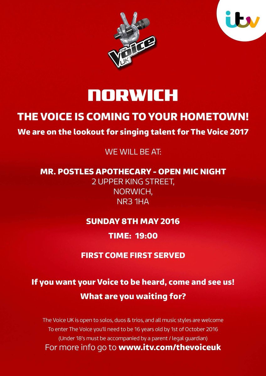 Attention #Norwich folk: <a href="/BBCTheVoiceUK/">BBC The Voice UK</a> is holding auditions at <a href="/MrPostle/">Mr Postles</a> this weekend! #norfolk #TheVoice