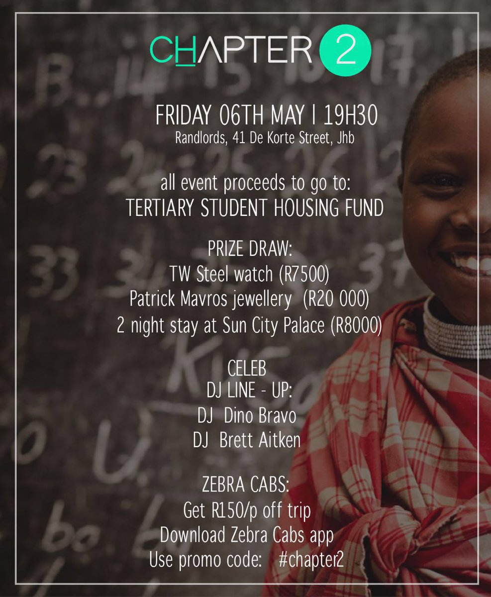 Chapter2_SA's tweet photo. Be apart of the iconic #Chapter2Launch tonight. Proceeds to the tertiary education fund. @Radio702 @702JohnRobbie https://t.co/QlbigeKIVb