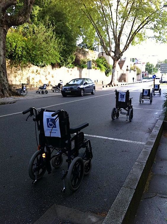 A powerful protest in Lisbon, Portugal to highlight disabled parking space abuse. Speaks for itself..