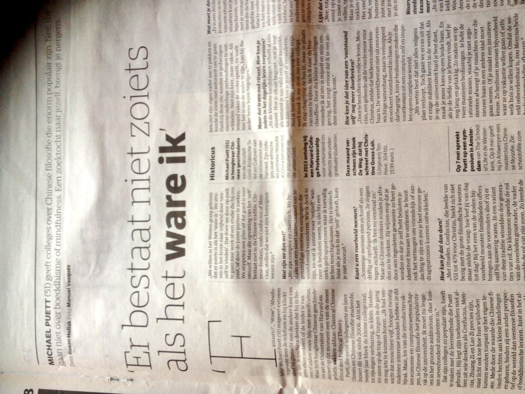 Vandaag Michael Puett in #NRC Next, morgen bij #TSOLAmsterdam. Lees en kom!