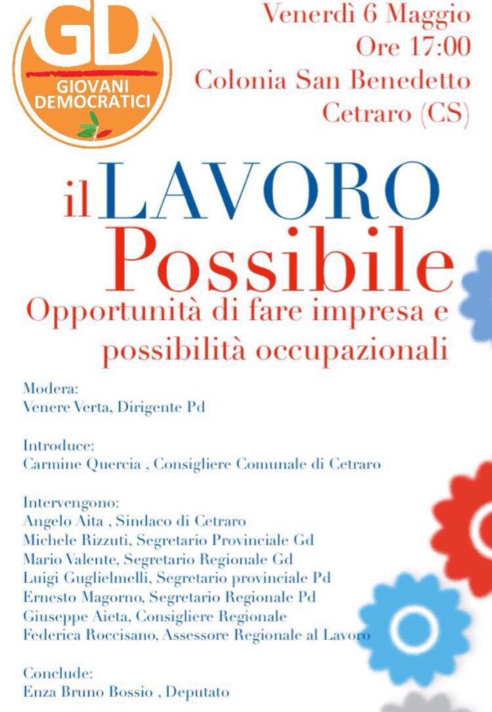 giuseppe_aieta's tweet photo. Il LavoroPossibile.Stasera alle 17 a #Cetraro con @enzabrunobossio @Emagorno @RoccisanoF @CarmineQuercia @GdCetraro https://t.co/sETzCG50KH