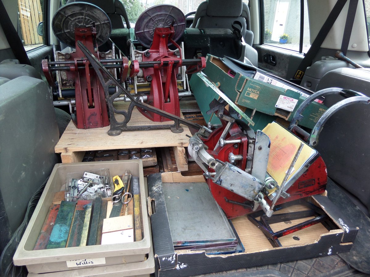 quartopress's tweet image. Looks like half the workshop on board for tomorrow's #letterpress class. Couldn't get Vandercook to fit in though.