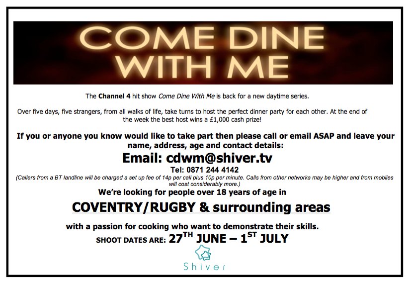 @MattFrancis1 @ComeDineWithMe is coming to #RUGBY! Interested? Simply email cdwm@shiver.tv! SPREAD THE WORD!