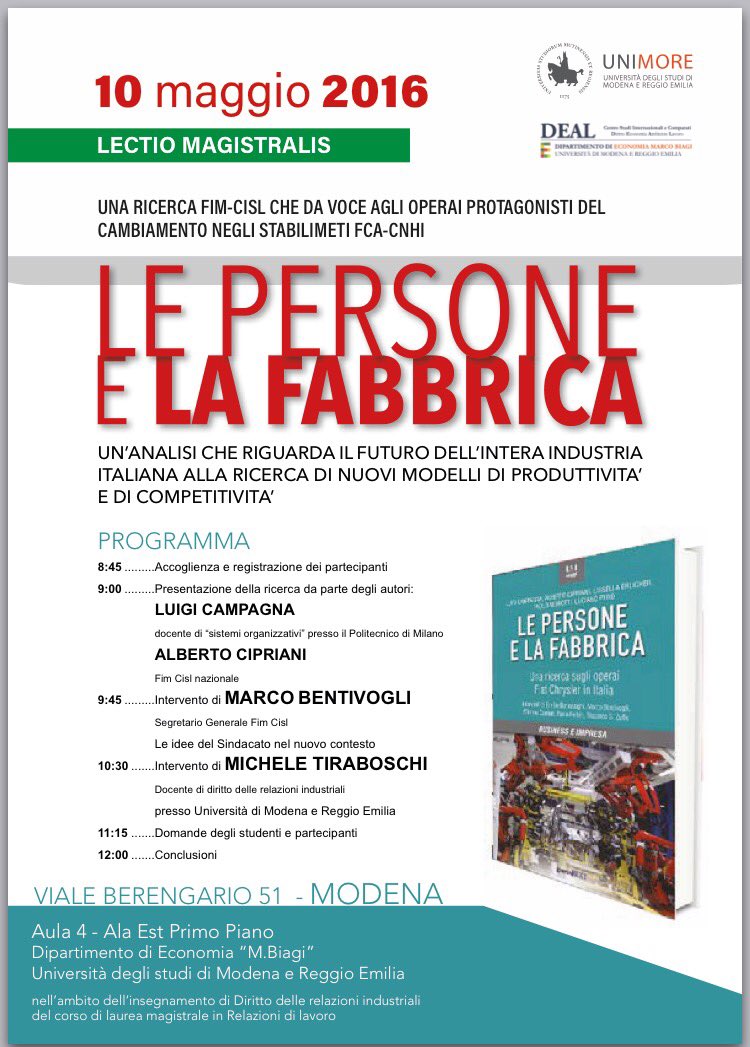 FIMCislStampa's tweet image. Lectio Magistralis all&apos;Universita&apos; di Modena e Reggio Emilia 10 Maggio. Ricerca #FIM Cisl &quot;Le persone e la fabbrica&quot;