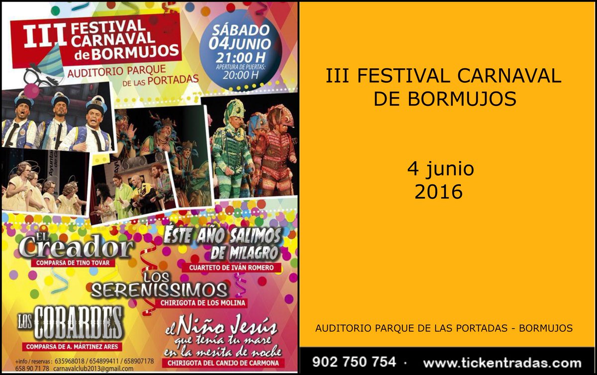 #carnaval #Bormujos:<a href="/comparsatino/">La Comparsa de Tino Tovar</a>,<a href="/ComparsaAres/">La Comparsa de Antonio Martínez Ares</a>,@elcanijocom,<a href="/El_cuartetito/">CUARTETO D LOS NIÑOS</a> y <a href="/trataratachin/">Chirigota Los Molina</a> ow.ly/4nmtRU