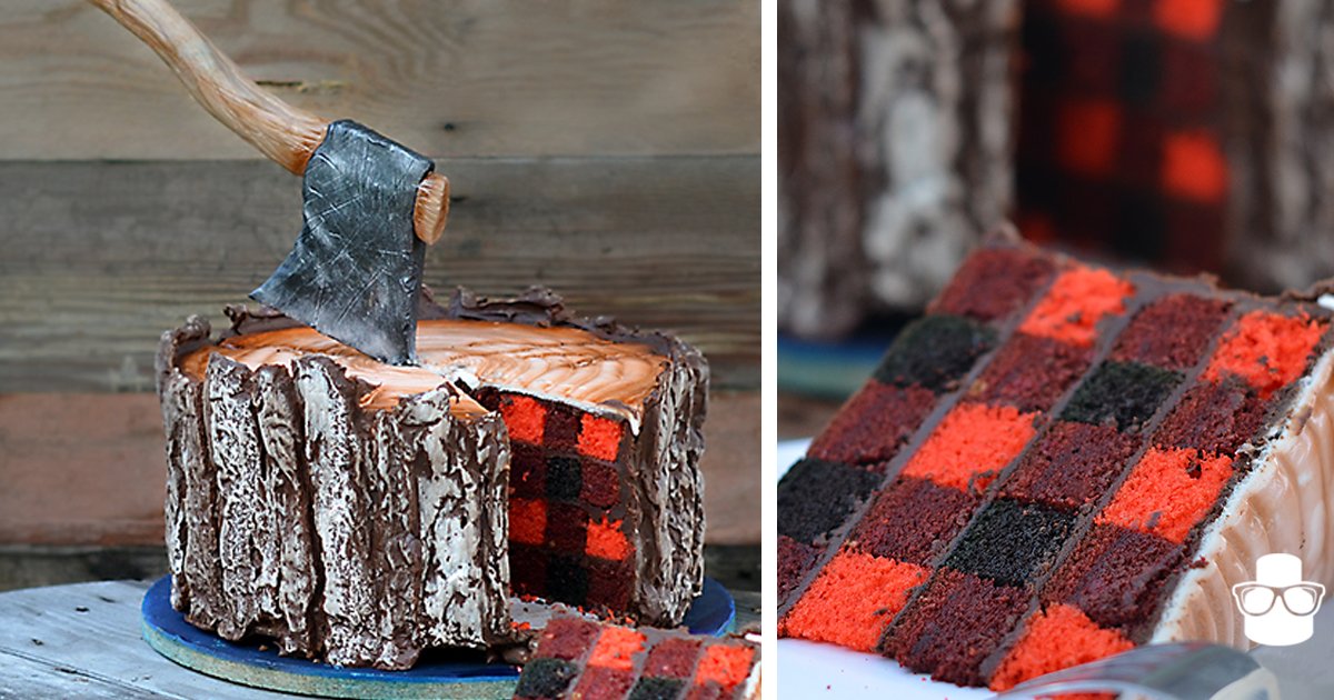 CraftsWeekly's tweet photo. A Lumberjack Cake With An Edible Axe And  A Plaid Pattern Inside - https://t.co/MW4ticyJol https://t.co/dP6ZgBS5r1
