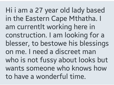 Blessers in EC. Kindly DM us.