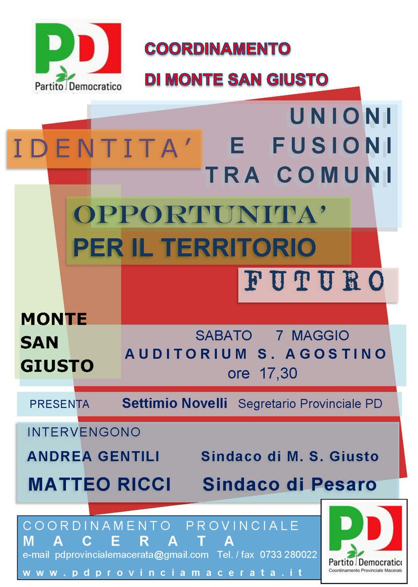 PDprovinciaMC's tweet photo. Domani a Monte San Giusto #fusionitracomuni @matteoricci @PD_community @montalboddi @pdnetwork @pdpesarourbino https://t.co/piLLfLT2dn