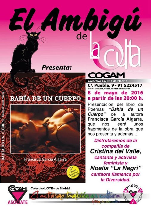 Delaces's tweet image. Este domingo en COGAM (Puebla 9), presentación del poemario "Bahía de un cuerpo" de Francisca García Algarra.