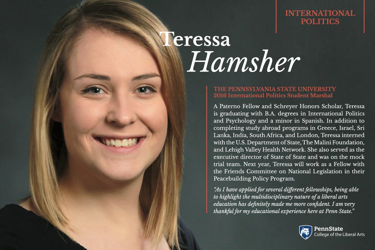 PSULiberalArts's tweet photo. Teressa Hamsher will represent International Politics at commencement on Saturday. #PSUgrad https://t.co/MSOvsFxQJd