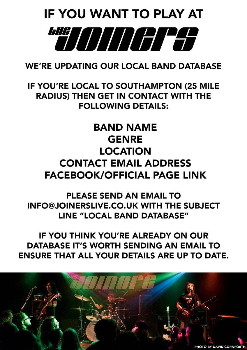 joinerslive's tweet image. We're updating our local bands database. If you'd like a support slot here then check out the details on the poster!
