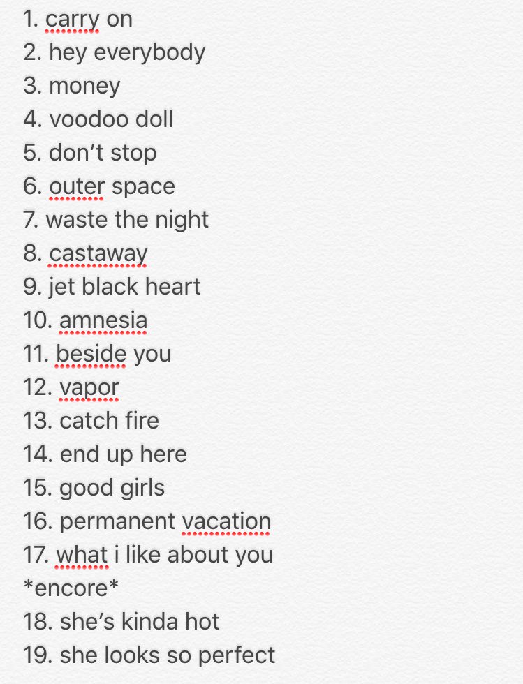 5sosNLteam's tweet photo. De setlist voor SLFL! Meestal gooit Luke er ook nog een cover in maar dat verschilt per show https://t.co/apkZL1I2Jf