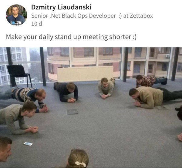 esconfs's tweet image. Friday Funny: Change up your stand-up meetings - this is one way of speeding them up! ;) #esconfs