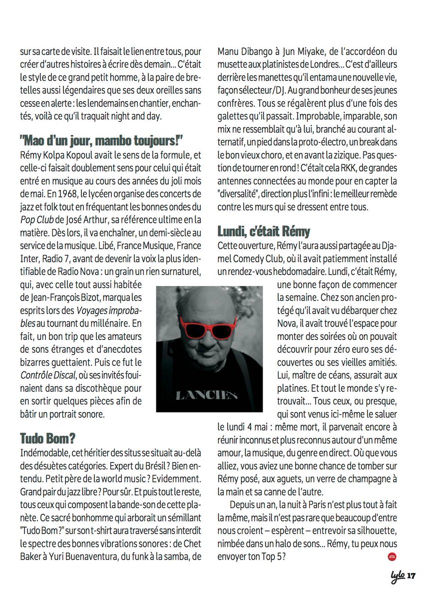 RemyKolpaKopoul's tweet photo. Presse : Hommage à #RKK par Jacques Denis (@kejnidz) dans le magazine @LYLO_agenda de mai 2016 (gratuit, partout) ! https://t.co/9R855SdraY
