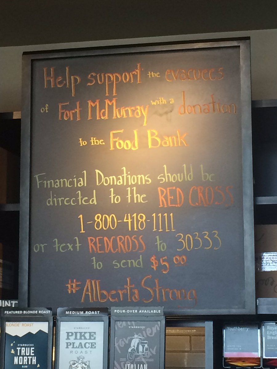 CalTrailSbux's tweet photo. We are accepting food bank donations to help the evacuees from Fort Mac. PLEASE PLEASE help in any way you can https://t.co/Cm7dTyAwro