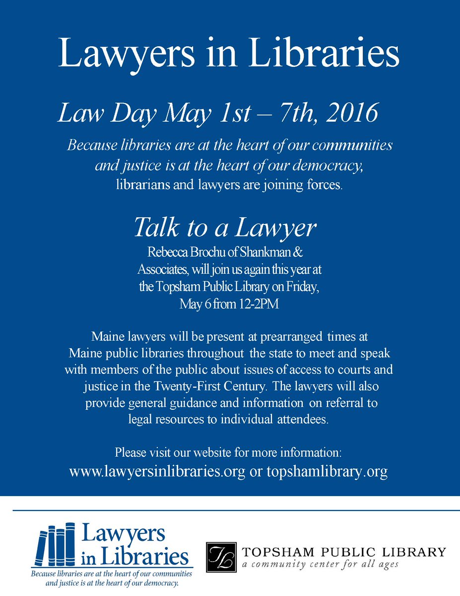 Today from12-2pm - Rebecca Brochu of Shankman & Associates will be here to answer your questions #lawyersinlibraries