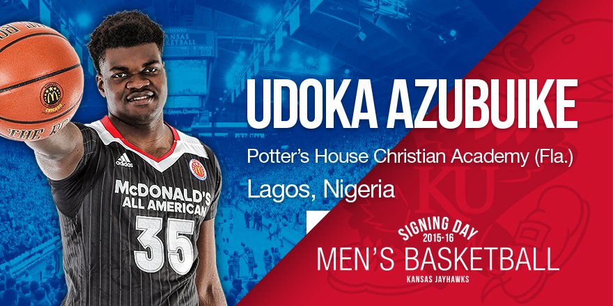 7-foot center Udoka Azubuike is officially a Jayhawk! 

kuathne.ws/1YcYRBK #kubball #RockChalk