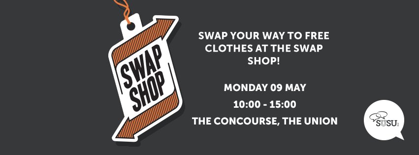 SustAtSUSU's tweet photo. Have a search in your wardrobe this weekend ready for the Swap Shop on Monday on the @YourSUSU concourse! https://t.co/TtWDgVji6J